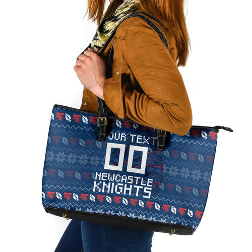 Personalized Newcastle Knights Christmas Leather Tote Bag Australian Rugby Fans - Pixelated Ugly Xmas Pattern Mascot Santa