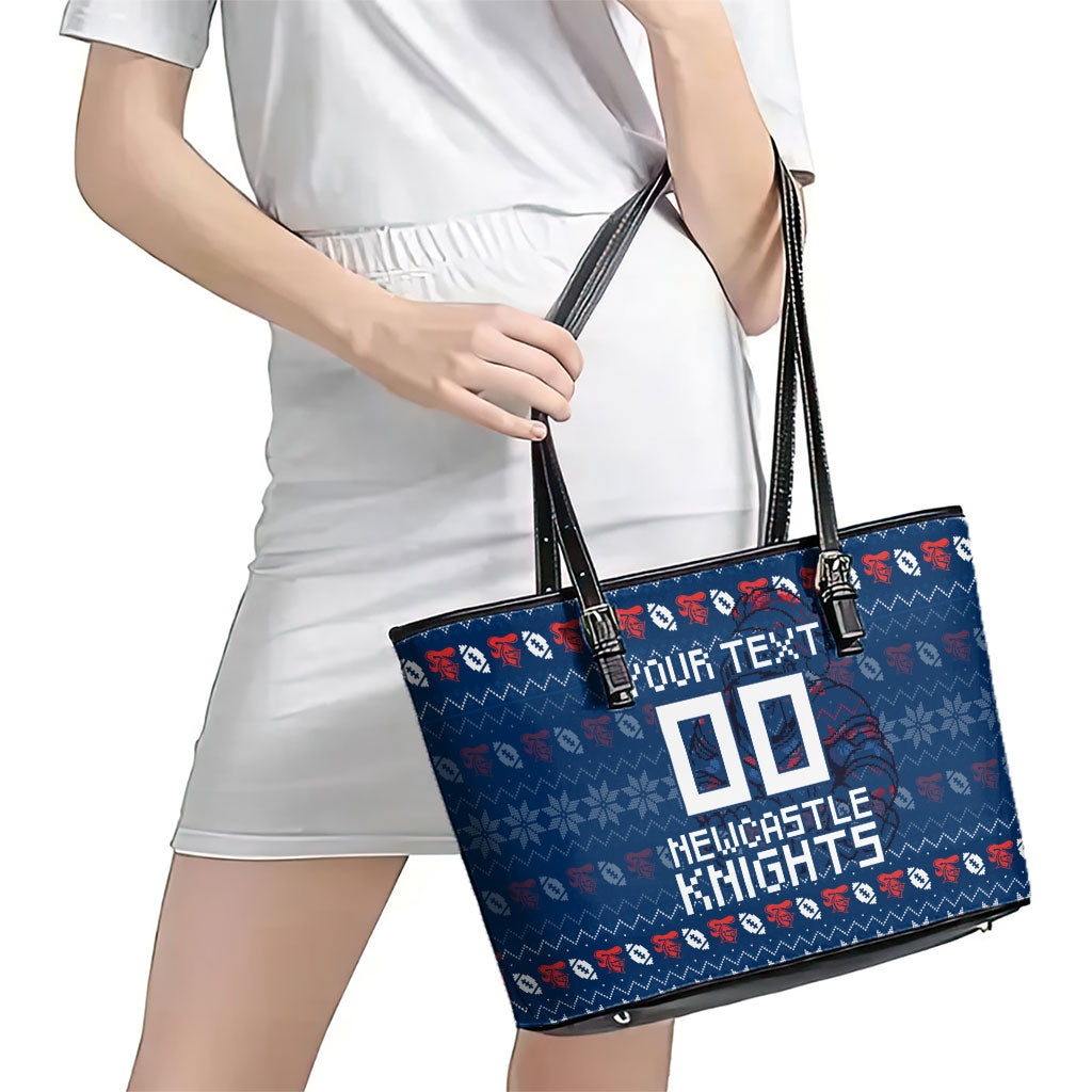 Personalized Newcastle Knights Christmas Leather Tote Bag Australian Rugby Fans - Pixelated Ugly Xmas Pattern Mascot Santa