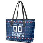 Personalized Newcastle Knights Christmas Leather Tote Bag Australian Rugby Fans - Pixelated Ugly Xmas Pattern Mascot Santa