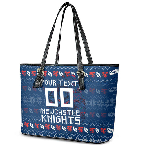 Personalized Newcastle Knights Christmas Leather Tote Bag Australian Rugby Fans - Pixelated Ugly Xmas Pattern Mascot Santa