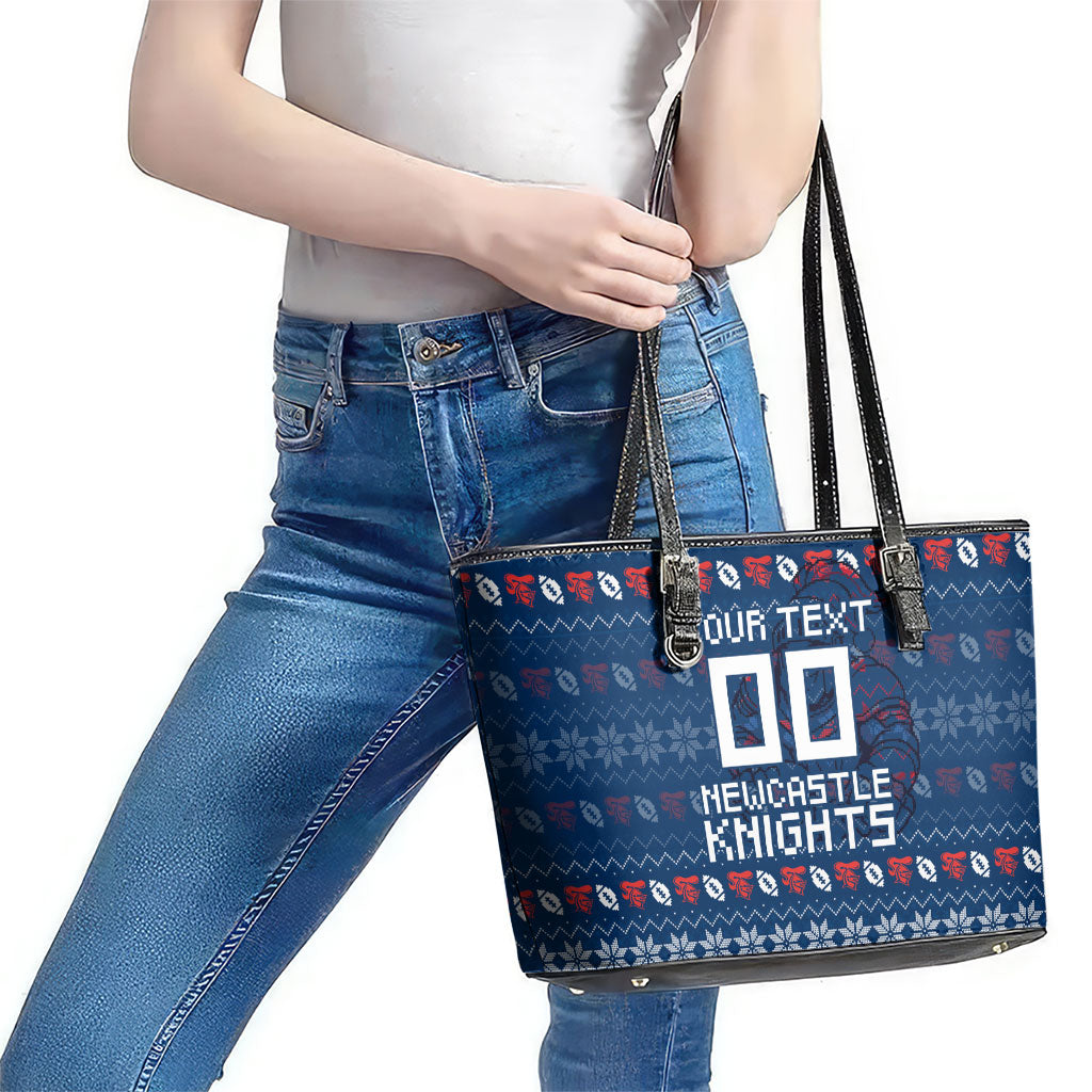 Personalized Newcastle Knights Christmas Leather Tote Bag Australian Rugby Fans - Pixelated Ugly Xmas Pattern Mascot Santa