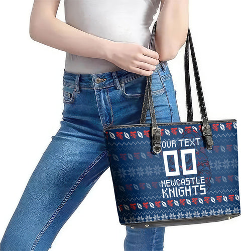 Personalized Newcastle Knights Christmas Leather Tote Bag Australian Rugby Fans - Pixelated Ugly Xmas Pattern Mascot Santa