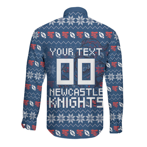 Personalized Newcastle Knights Christmas Long Sleeve Button Shirt Australian Rugby Fans - Pixelated Ugly Xmas Pattern Mascot Santa