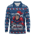 Personalized Newcastle Knights Christmas Long Sleeve Polo Shirt Australian Rugby Fans - Pixelated Ugly Xmas Pattern Mascot Santa