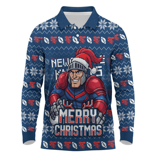 Personalized Newcastle Knights Christmas Long Sleeve Polo Shirt Australian Rugby Fans - Pixelated Ugly Xmas Pattern Mascot Santa