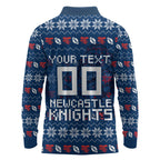 Personalized Newcastle Knights Christmas Long Sleeve Polo Shirt Australian Rugby Fans - Pixelated Ugly Xmas Pattern Mascot Santa