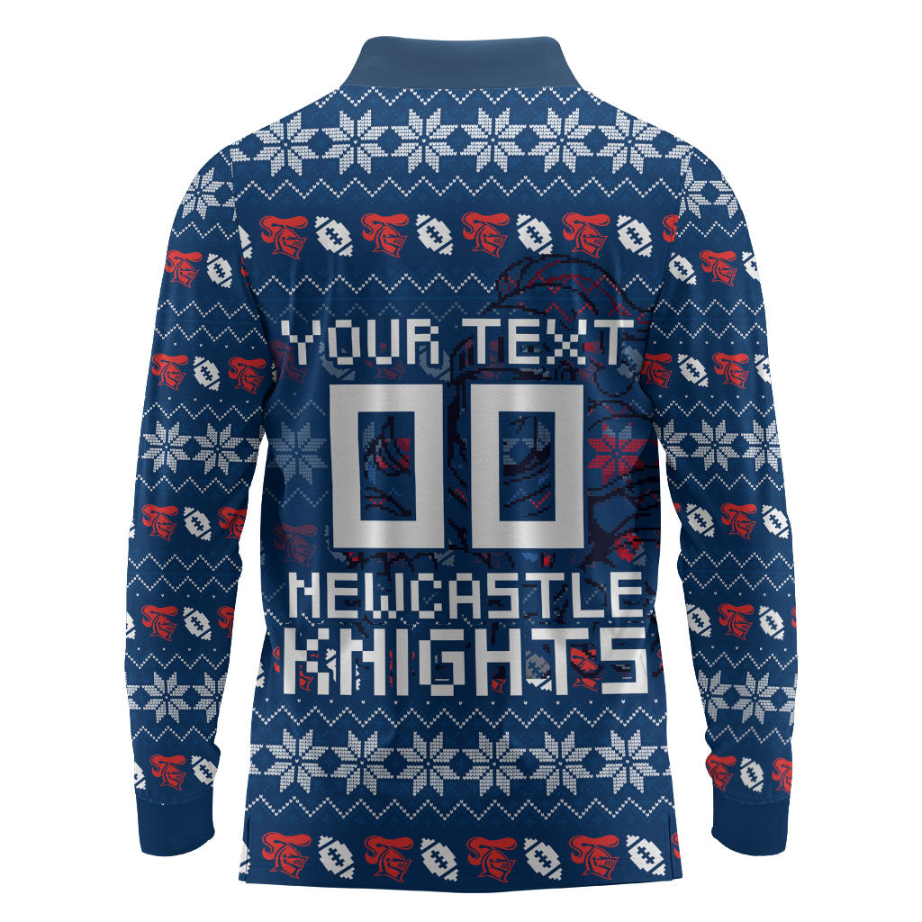 Personalized Newcastle Knights Christmas Long Sleeve Polo Shirt Australian Rugby Fans - Pixelated Ugly Xmas Pattern Mascot Santa
