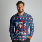 Personalized Newcastle Knights Christmas Long Sleeve Polo Shirt Australian Rugby Fans - Pixelated Ugly Xmas Pattern Mascot Santa