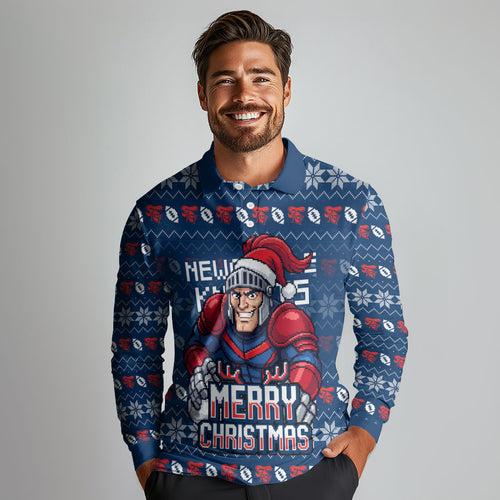 Personalized Newcastle Knights Christmas Long Sleeve Polo Shirt Australian Rugby Fans - Pixelated Ugly Xmas Pattern Mascot Santa