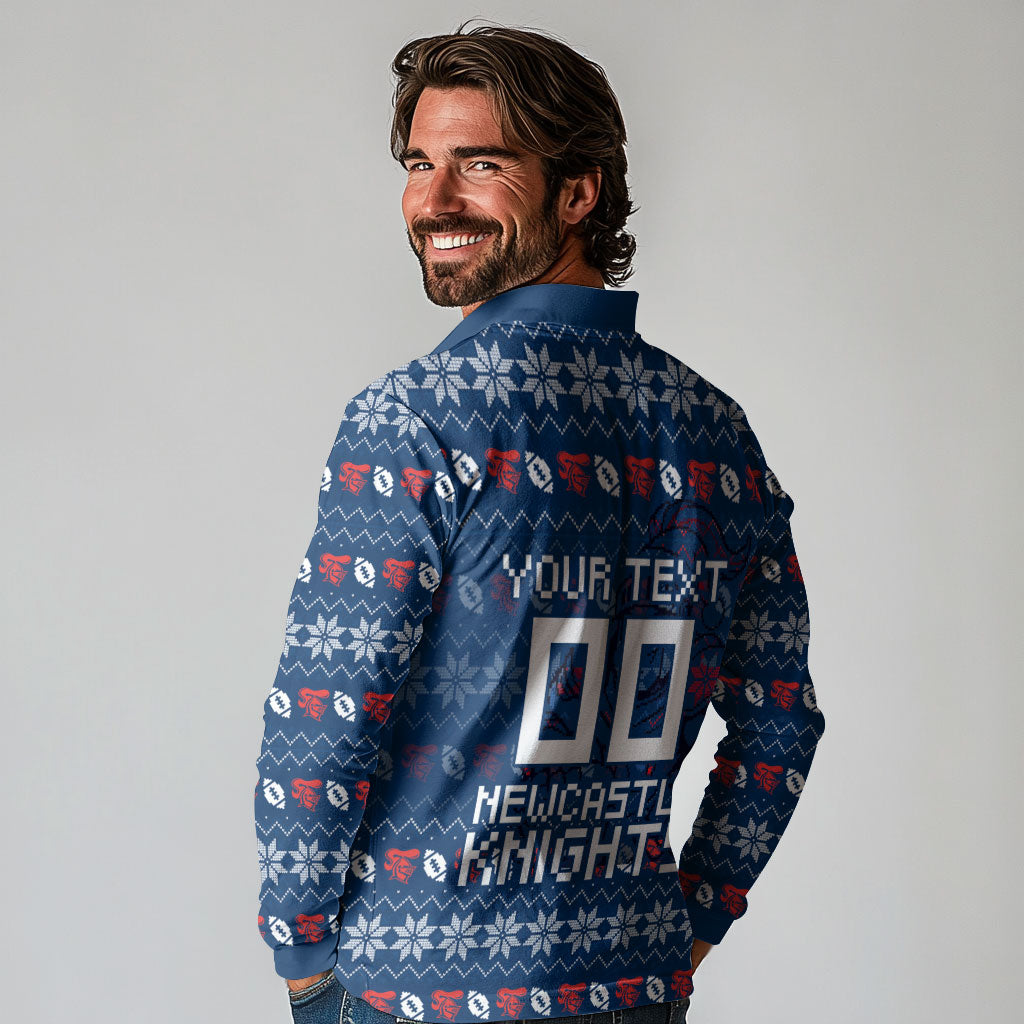 Personalized Newcastle Knights Christmas Long Sleeve Polo Shirt Australian Rugby Fans - Pixelated Ugly Xmas Pattern Mascot Santa
