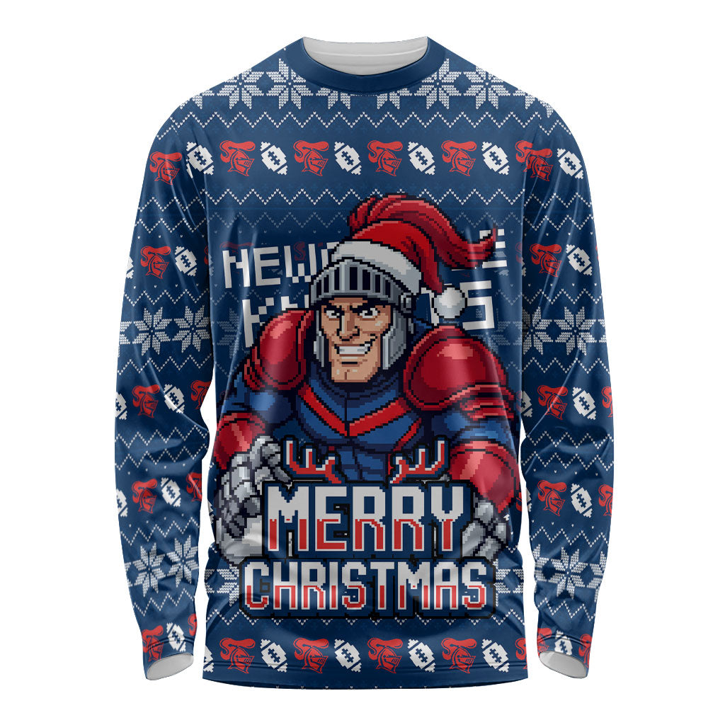 Personalized Newcastle Knights Christmas Long Sleeve Shirt Australian Rugby Fans - Pixelated Ugly Xmas Pattern Mascot Santa