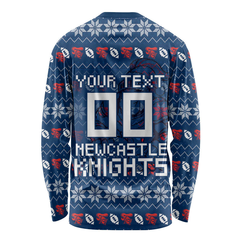 Personalized Newcastle Knights Christmas Long Sleeve Shirt Australian Rugby Fans - Pixelated Ugly Xmas Pattern Mascot Santa