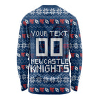 Personalized Newcastle Knights Christmas Long Sleeve Shirt Australian Rugby Fans - Pixelated Ugly Xmas Pattern Mascot Santa