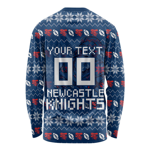 Personalized Newcastle Knights Christmas Long Sleeve Shirt Australian Rugby Fans - Pixelated Ugly Xmas Pattern Mascot Santa