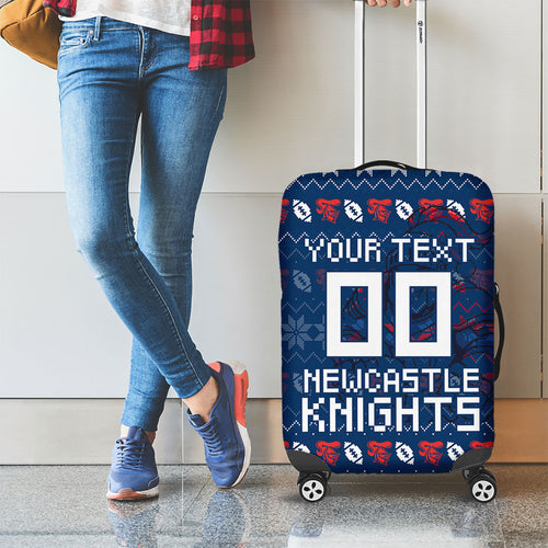 Personalized Newcastle Knights Christmas Luggage Cover Australian Rugby Fans - Pixelated Ugly Xmas Pattern Mascot Santa