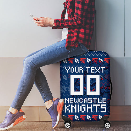 Personalized Newcastle Knights Christmas Luggage Cover Australian Rugby Fans - Pixelated Ugly Xmas Pattern Mascot Santa
