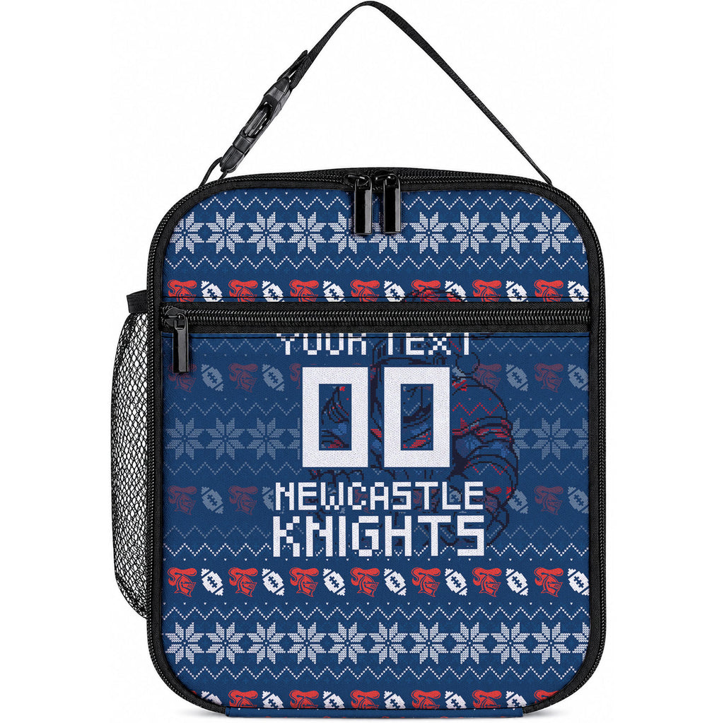 Personalized Newcastle Knights Christmas Lunch Bag Australian Rugby Fans - Pixelated Ugly Xmas Pattern Mascot Santa