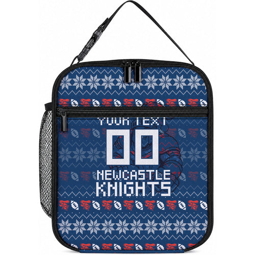 Personalized Newcastle Knights Christmas Lunch Bag Australian Rugby Fans - Pixelated Ugly Xmas Pattern Mascot Santa