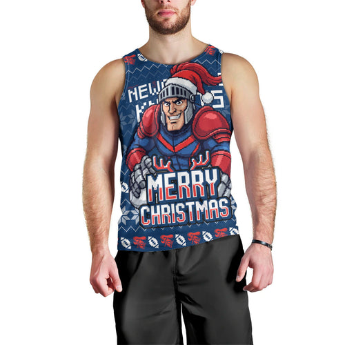 Personalized Newcastle Knights Christmas Men Tank Top Australian Rugby Fans - Pixelated Ugly Xmas Pattern Mascot Santa
