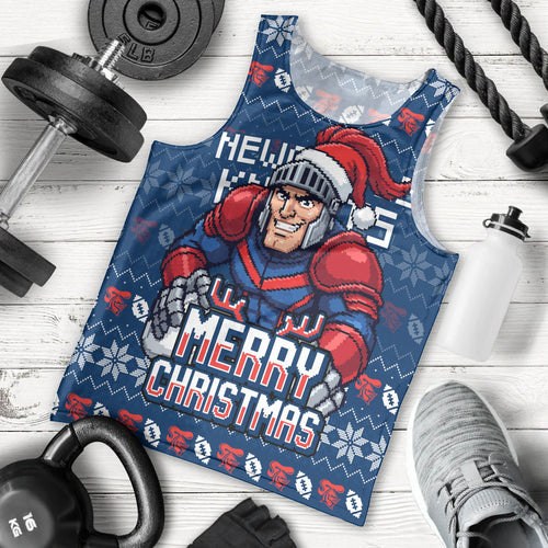 Personalized Newcastle Knights Christmas Men Tank Top Australian Rugby Fans - Pixelated Ugly Xmas Pattern Mascot Santa
