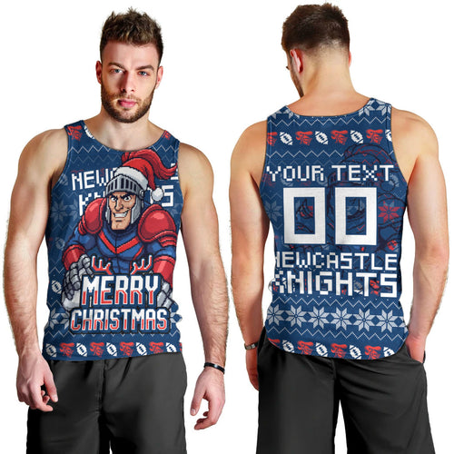 Personalized Newcastle Knights Christmas Men Tank Top Australian Rugby Fans - Pixelated Ugly Xmas Pattern Mascot Santa