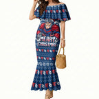 Personalized Newcastle Knights Christmas Mermaid Dress Australian Rugby Fans - Pixelated Ugly Xmas Pattern Mascot Santa