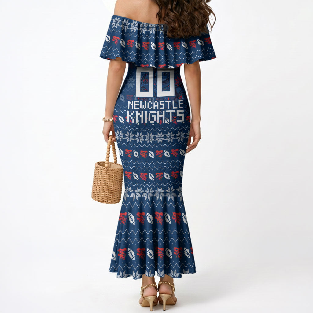 Personalized Newcastle Knights Christmas Mermaid Dress Australian Rugby Fans - Pixelated Ugly Xmas Pattern Mascot Santa