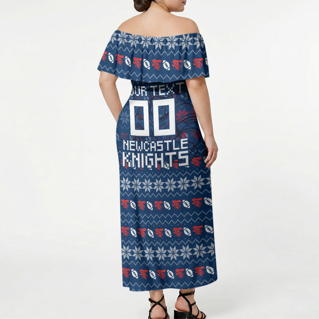 Personalized Newcastle Knights Christmas Off Shoulder Maxi Dress Australian Rugby Fans - Pixelated Ugly Xmas Pattern Mascot Santa