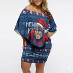 Personalized Newcastle Knights Christmas Off Shoulder Short Dress Australian Rugby Fans - Pixelated Ugly Xmas Pattern Mascot Santa