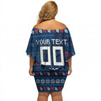 Personalized Newcastle Knights Christmas Off Shoulder Short Dress Australian Rugby Fans - Pixelated Ugly Xmas Pattern Mascot Santa