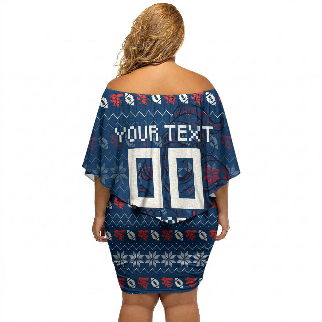 Personalized Newcastle Knights Christmas Off Shoulder Short Dress Australian Rugby Fans - Pixelated Ugly Xmas Pattern Mascot Santa