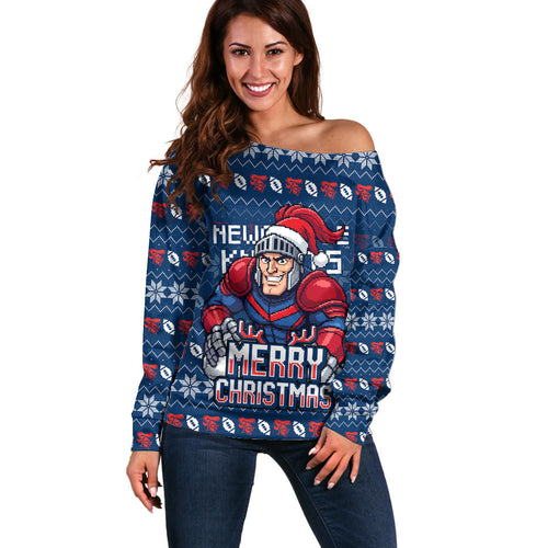 Personalized Newcastle Knights Christmas Off Shoulder Sweater Australian Rugby Fans - Pixelated Ugly Xmas Pattern Mascot Santa