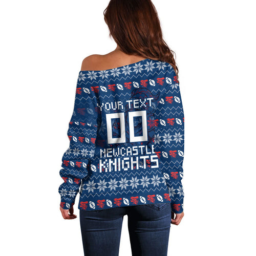 Personalized Newcastle Knights Christmas Off Shoulder Sweater Australian Rugby Fans - Pixelated Ugly Xmas Pattern Mascot Santa