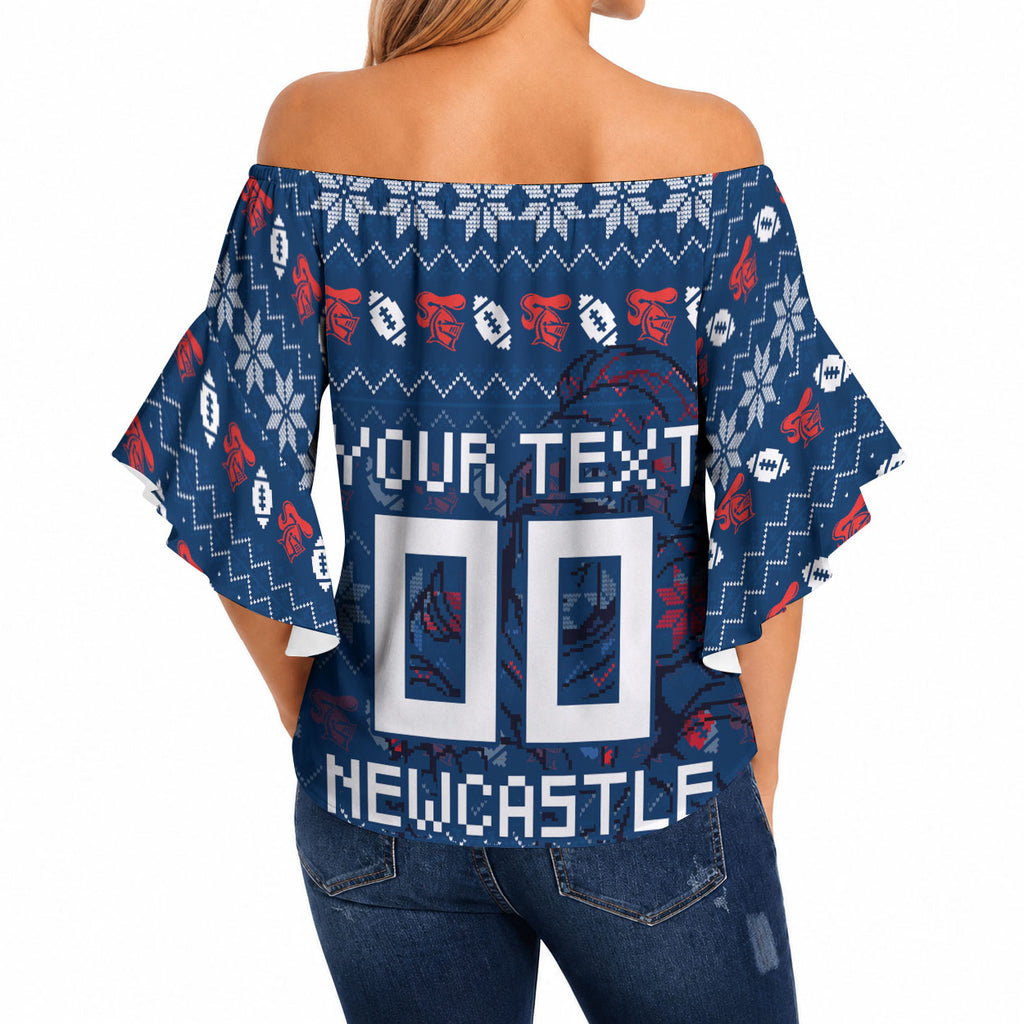Personalized Newcastle Knights Christmas Off Shoulder Wrap Waist Top Australian Rugby Fans - Pixelated Ugly Xmas Pattern Mascot Santa