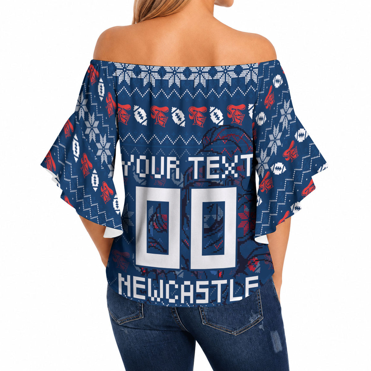 Personalized Newcastle Knights Christmas Off Shoulder Wrap Waist Top Australian Rugby Fans - Pixelated Ugly Xmas Pattern Mascot Santa