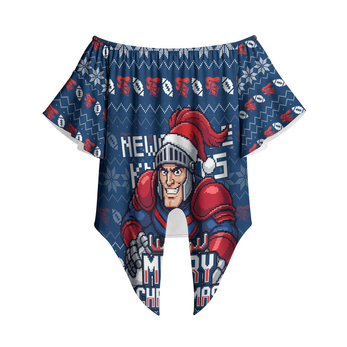 Personalized Newcastle Knights Christmas Off Shoulder Wrap Waist Top Australian Rugby Fans - Pixelated Ugly Xmas Pattern Mascot Santa