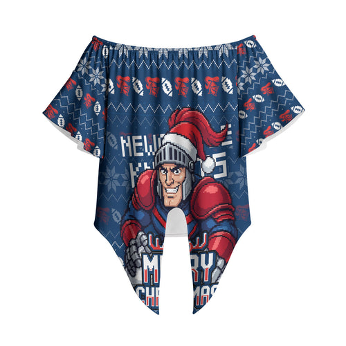 Personalized Newcastle Knights Christmas Off Shoulder Wrap Waist Top Australian Rugby Fans - Pixelated Ugly Xmas Pattern Mascot Santa