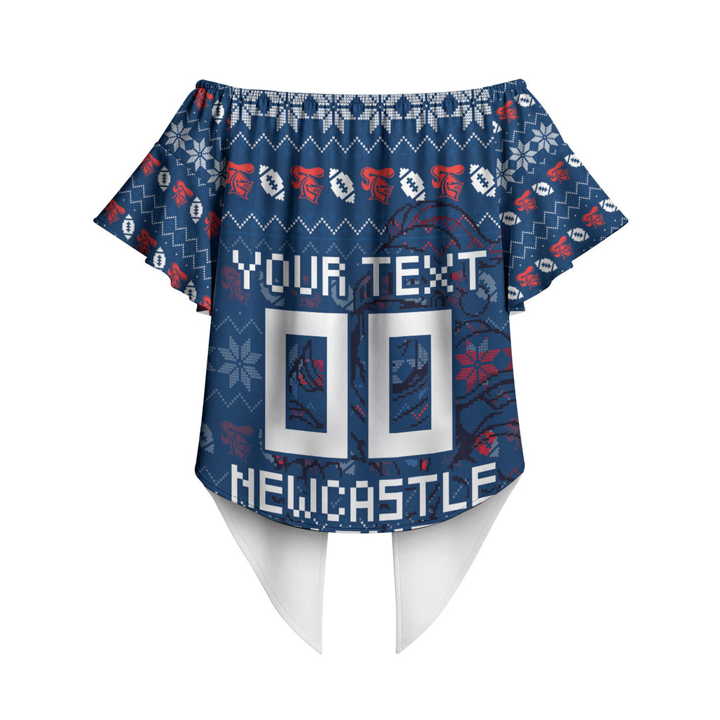 Personalized Newcastle Knights Christmas Off Shoulder Wrap Waist Top Australian Rugby Fans - Pixelated Ugly Xmas Pattern Mascot Santa