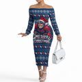 Personalized Newcastle Knights Christmas Off The Shoulder Long Sleeve Dress Australian Rugby Fans - Pixelated Ugly Xmas Pattern Mascot Santa
