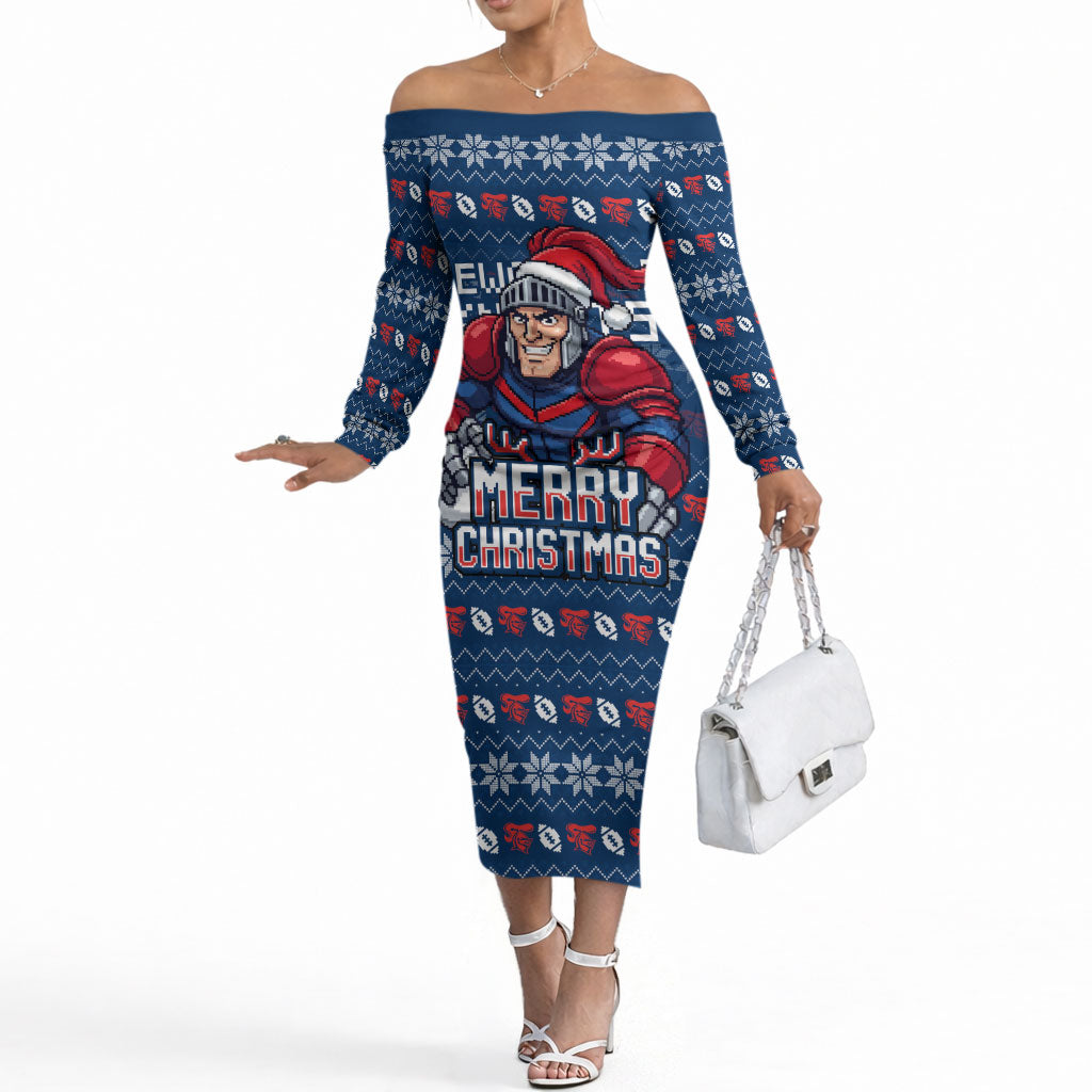 Personalized Newcastle Knights Christmas Off The Shoulder Long Sleeve Dress Australian Rugby Fans - Pixelated Ugly Xmas Pattern Mascot Santa