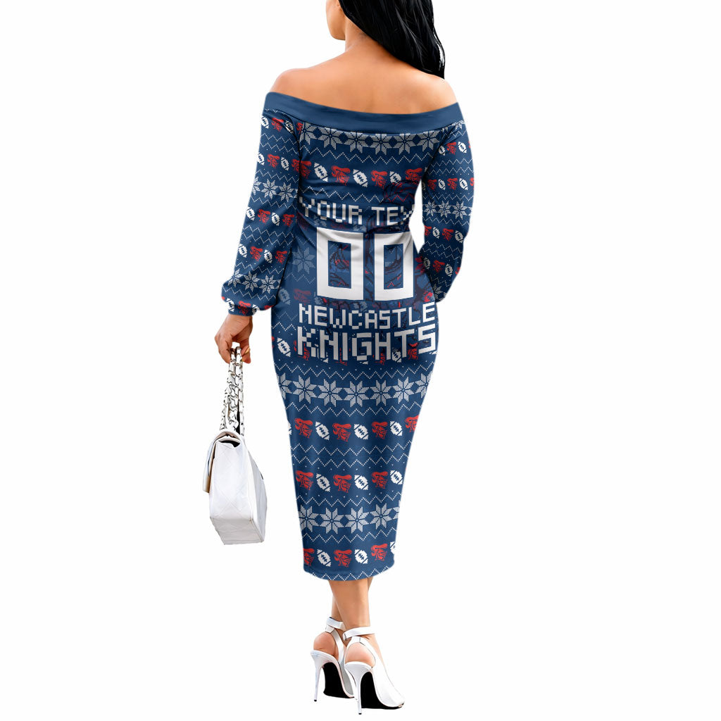 Personalized Newcastle Knights Christmas Off The Shoulder Long Sleeve Dress Australian Rugby Fans - Pixelated Ugly Xmas Pattern Mascot Santa