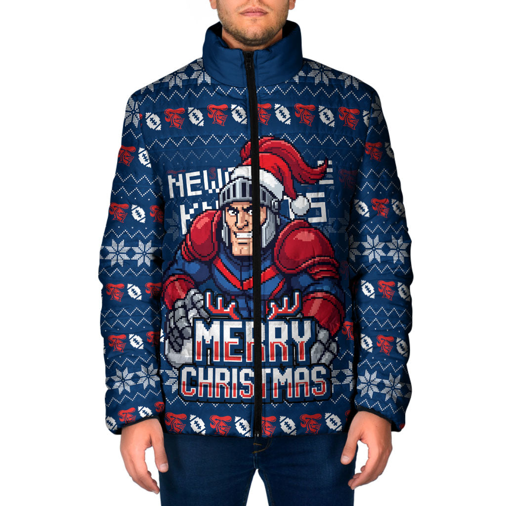 Personalized Newcastle Knights Christmas Padded Jacket Australian Rugby Fans - Pixelated Ugly Xmas Pattern Mascot Santa