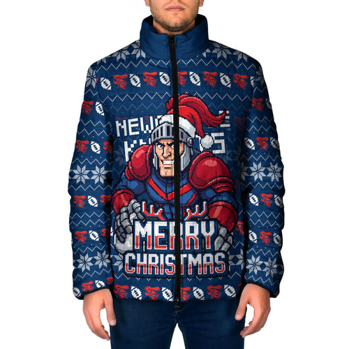 Personalized Newcastle Knights Christmas Padded Jacket Australian Rugby Fans - Pixelated Ugly Xmas Pattern Mascot Santa