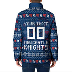 Personalized Newcastle Knights Christmas Padded Jacket Australian Rugby Fans - Pixelated Ugly Xmas Pattern Mascot Santa