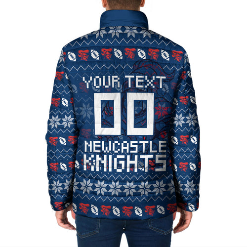 Personalized Newcastle Knights Christmas Padded Jacket Australian Rugby Fans - Pixelated Ugly Xmas Pattern Mascot Santa