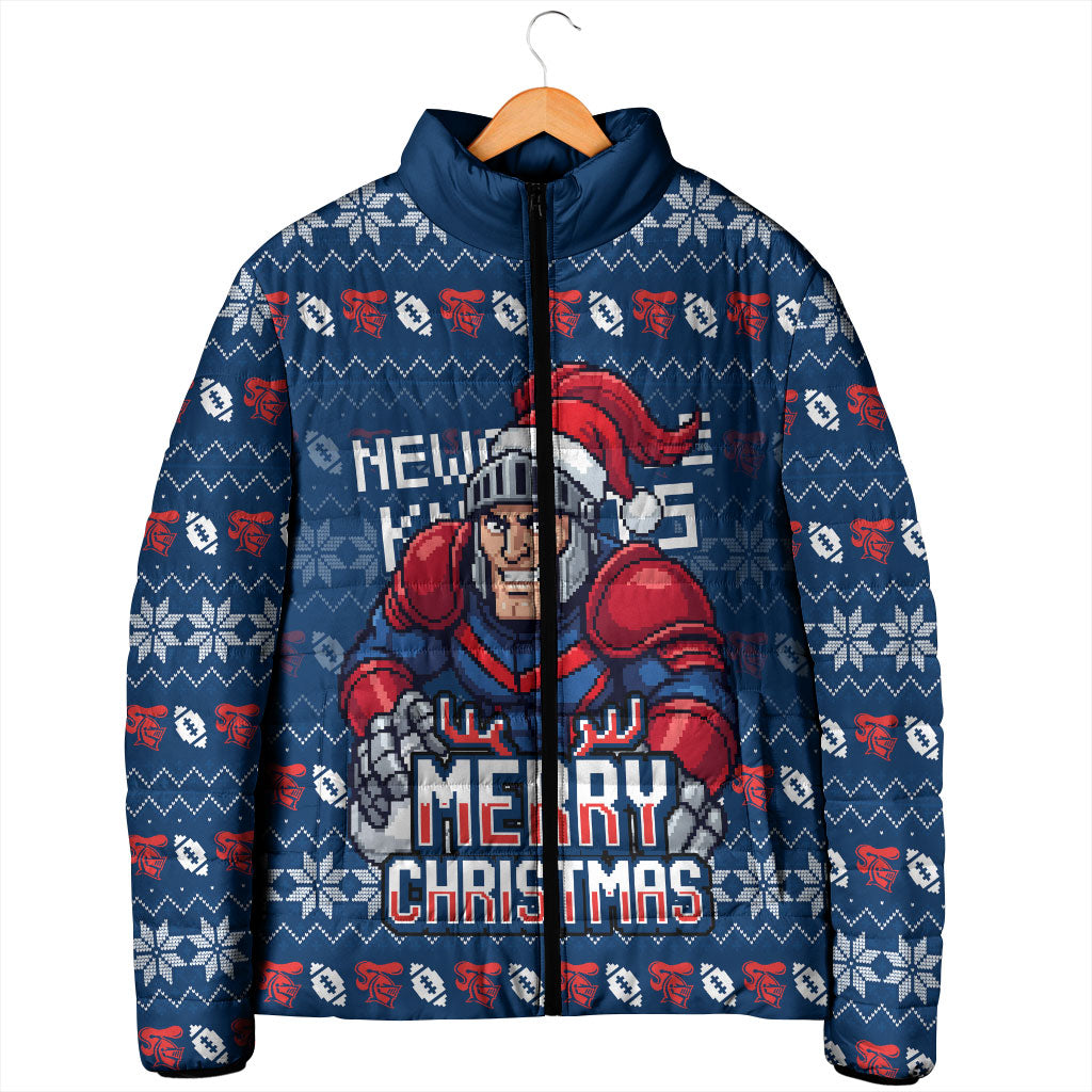 Personalized Newcastle Knights Christmas Padded Jacket Australian Rugby Fans - Pixelated Ugly Xmas Pattern Mascot Santa