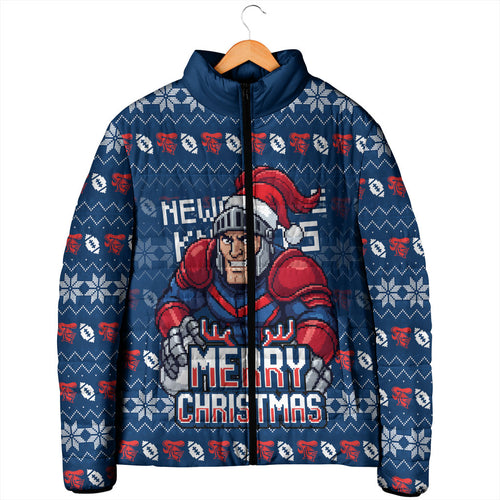Personalized Newcastle Knights Christmas Padded Jacket Australian Rugby Fans - Pixelated Ugly Xmas Pattern Mascot Santa