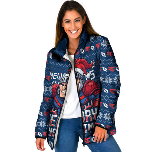 Personalized Newcastle Knights Christmas Padded Jacket Australian Rugby Fans - Pixelated Ugly Xmas Pattern Mascot Santa