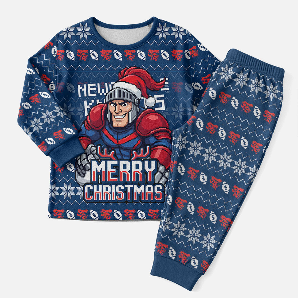 Personalized Newcastle Knights Christmas Pajama Set Australian Rugby Fans - Pixelated Ugly Xmas Pattern Mascot Santa