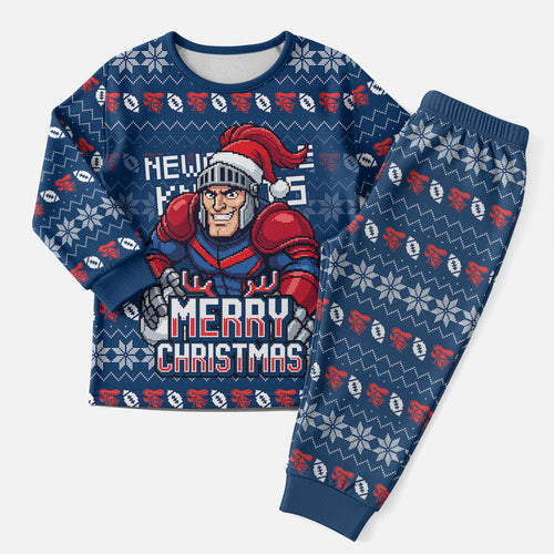 Personalized Newcastle Knights Christmas Pajama Set Australian Rugby Fans - Pixelated Ugly Xmas Pattern Mascot Santa